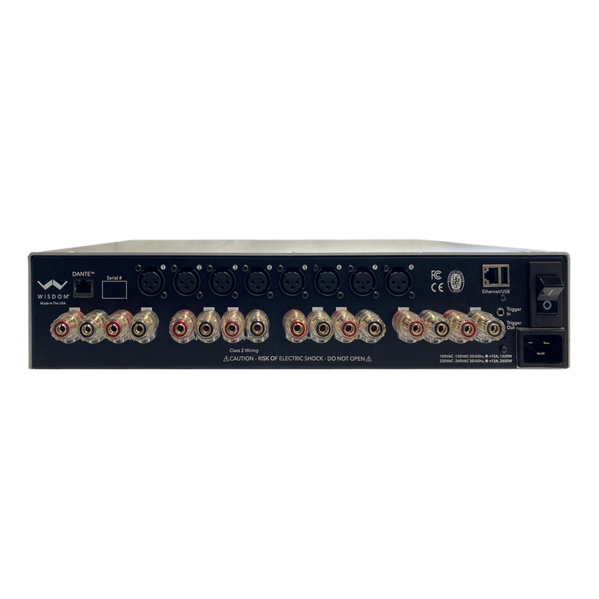 Black multi-channel amplifier rear panel with eight XLR inputs and sixteen gold-plated speaker bindi