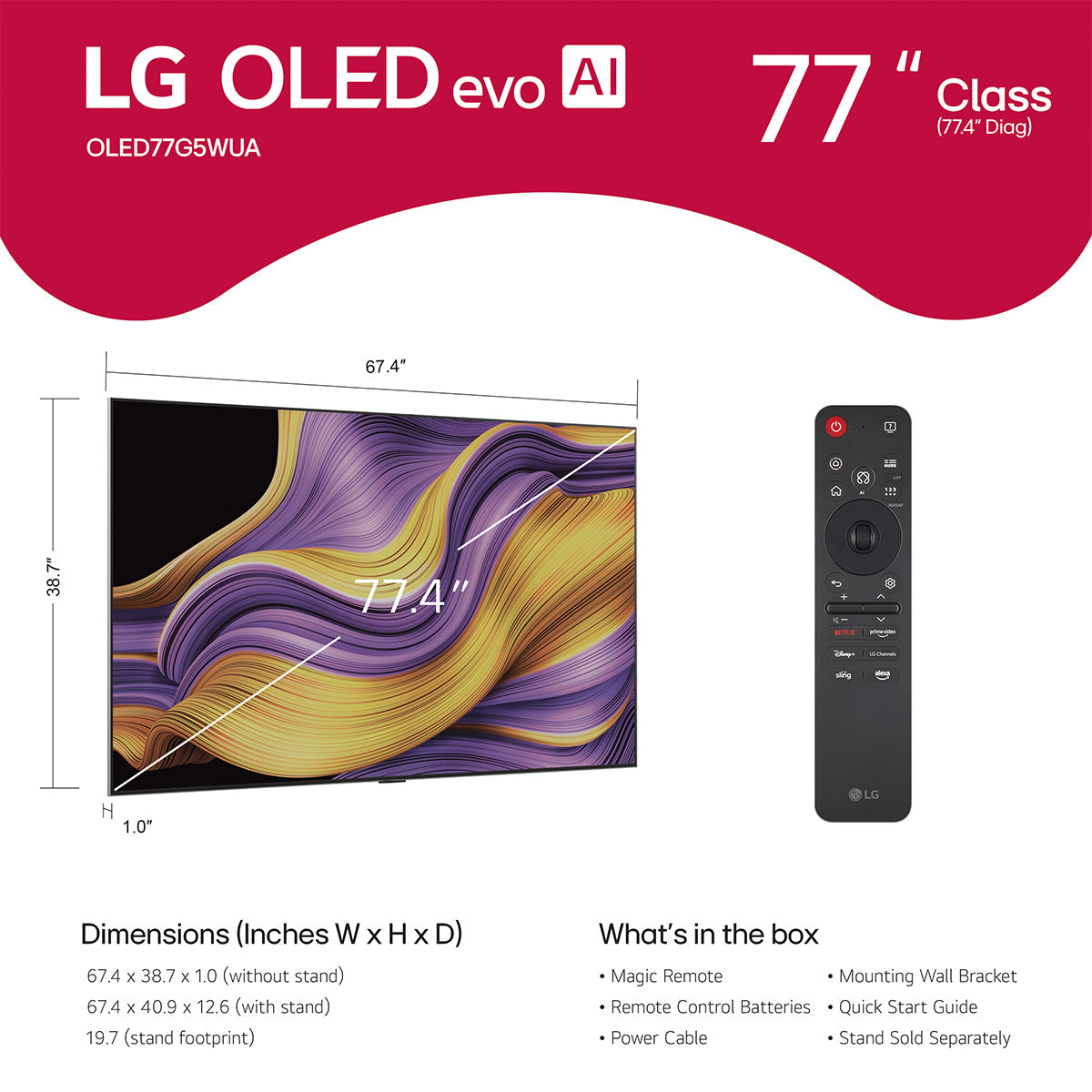 LG OLED77G5WUA 77 Inch 4K OLED evo G5 Smart TV with AudioQuest SKY 3m HDMI Cable
