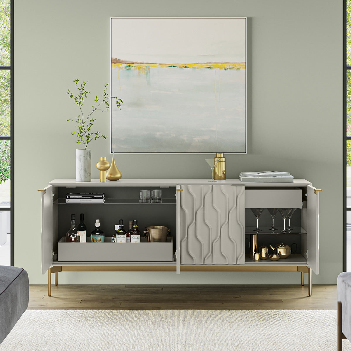 BDI Mesa 7639 4-Door Credenza (Stone with Brass Base)