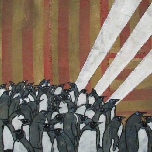 Vinyl LP cover art featuring a flock of penguins against a striped background with white rays