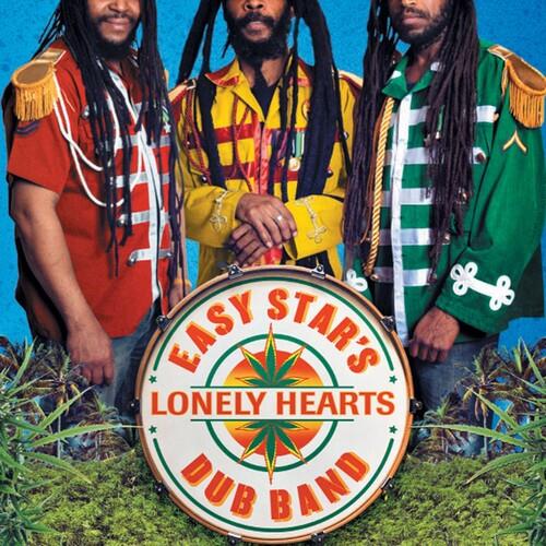 Three musicians in colorful military-style jackets standing behind a bass drum with a cannabis leaf