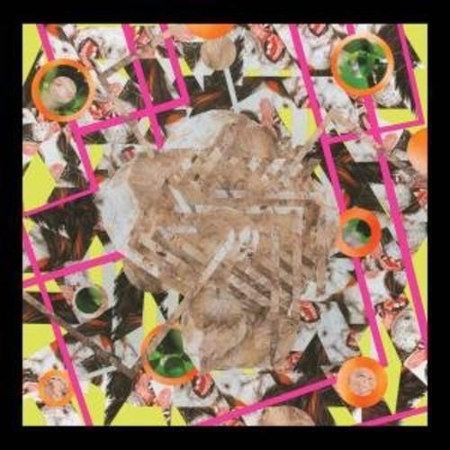 Abstract collage album cover with pink grid lines and circular orange accents