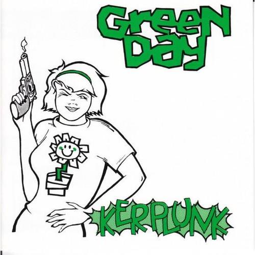 Black and white illustration of a girl holding a smoking gun with green text accents