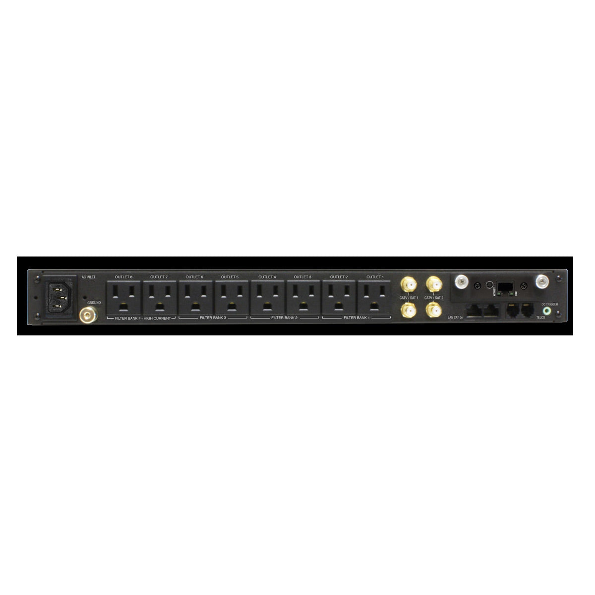 Black power conditioner with 15-amp outlets and surge protection, front view