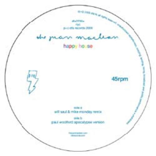 White vinyl record label with blue text and a lightning bolt graphic