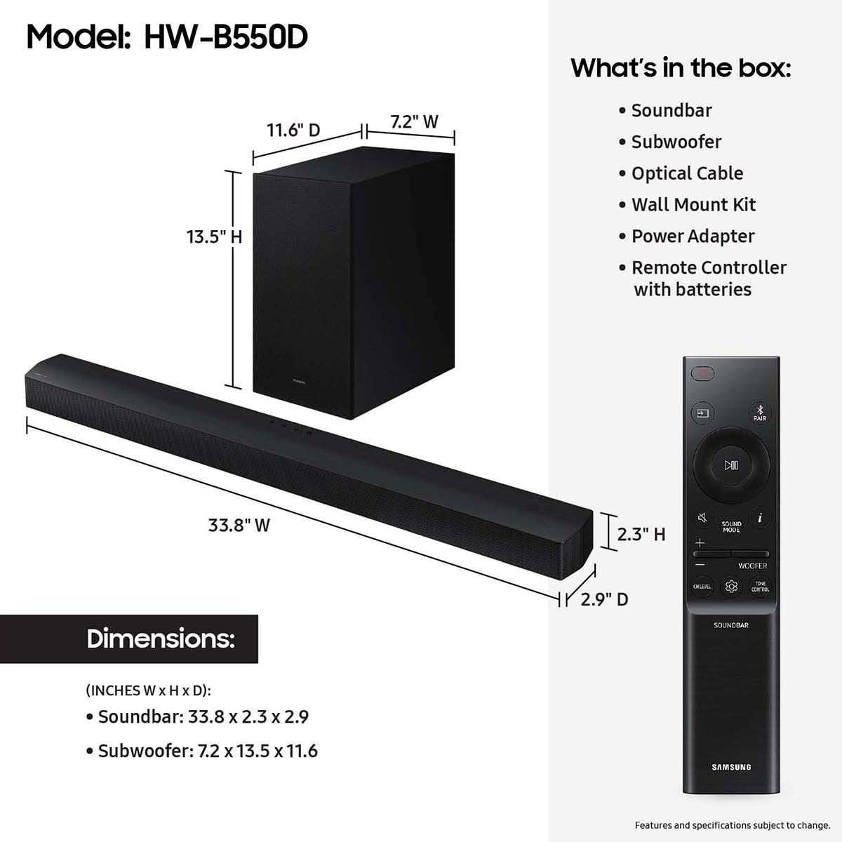 Samsung HW-B550D 3.1-Channel Soundbar with Wireless Subwoofer (Black)