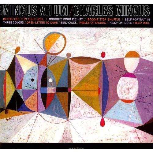 Abstract geometric album cover with colorful shapes and figures on a textured background