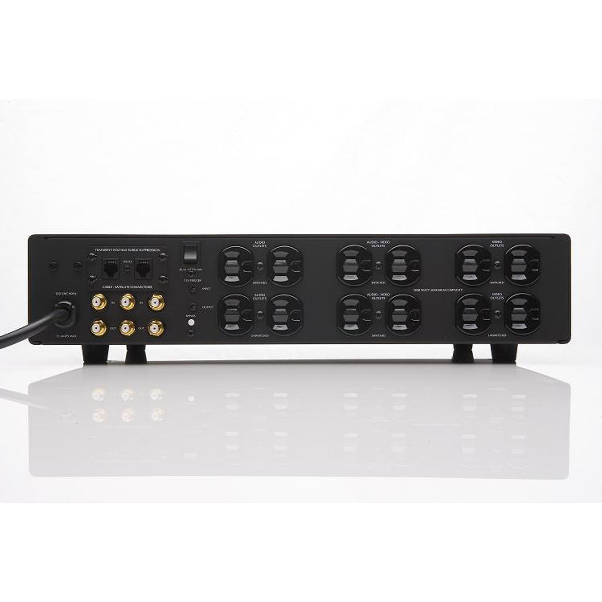 Black power conditioner with digital display and multiple outlets, front view