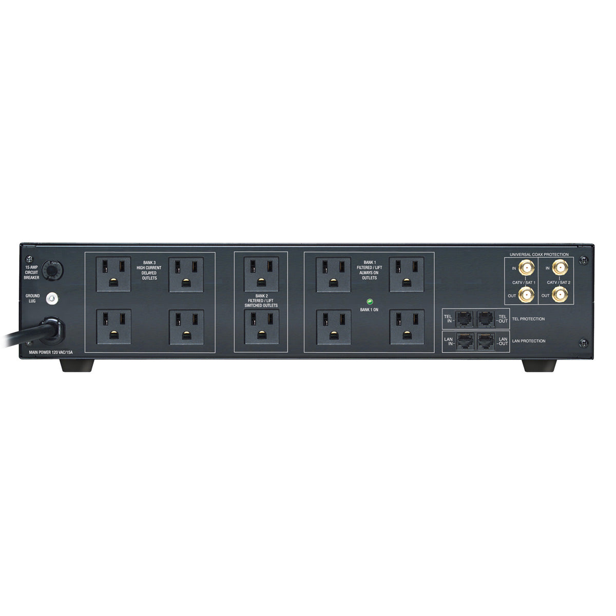 Black power conditioner with LCD display and multiple outlets, front view