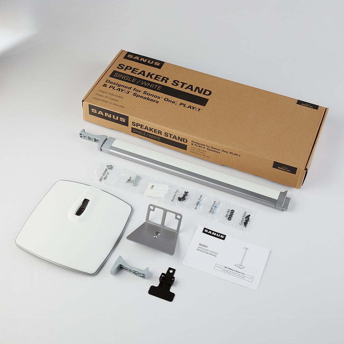 Sanus WSSA2 Height-Adjustable Wireless Speaker Stands for Sonos ONE, PLAY:1, and PLAY:3 - Pair (White)