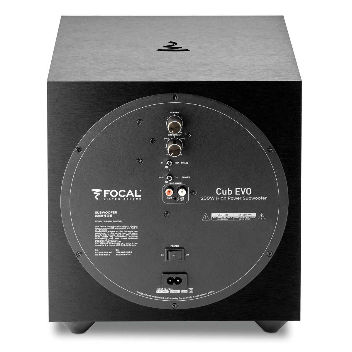 Black bass-reflex subwoofer with sleek design and front-firing driver