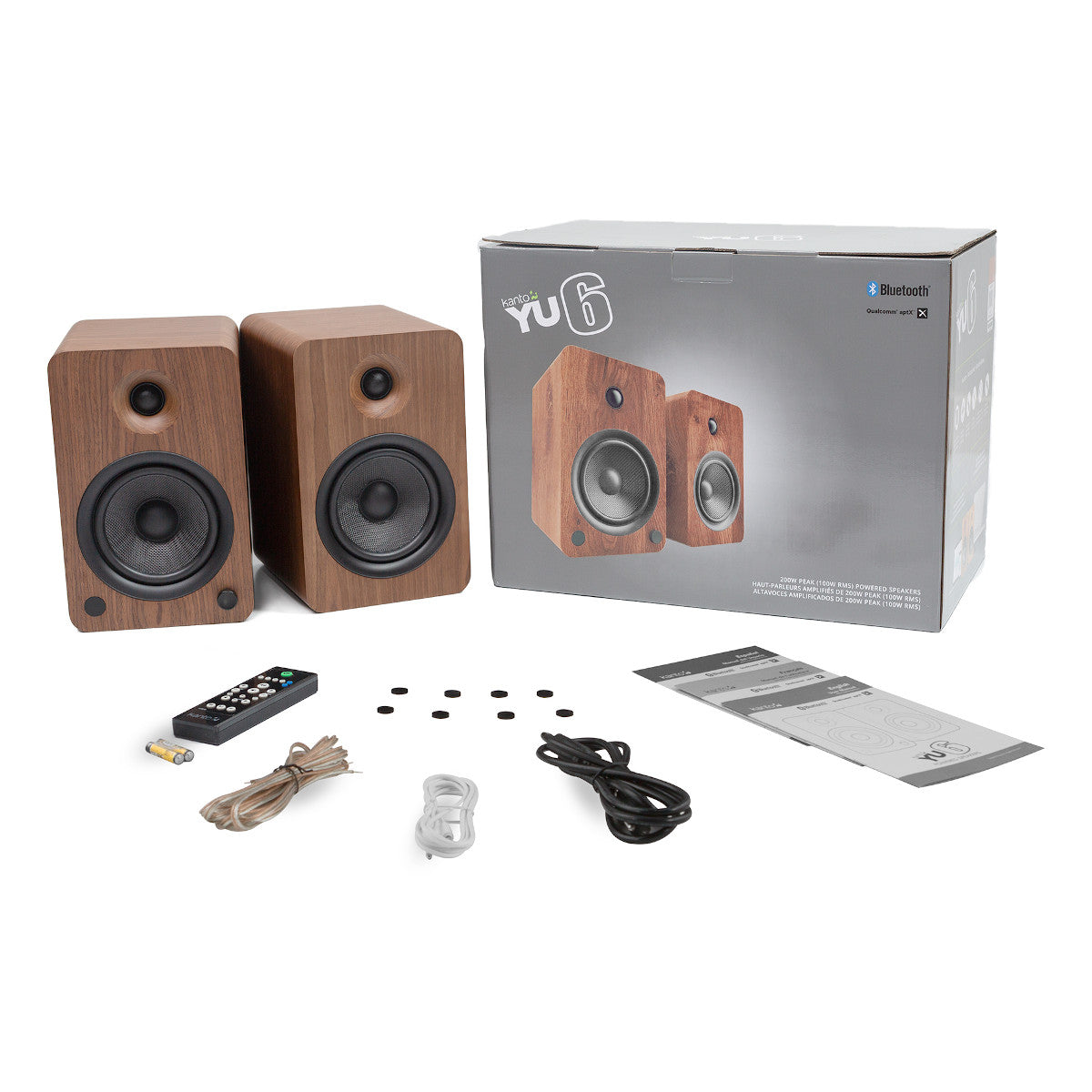 Walnut wood speakers with black desktop stands and Bluetooth connectivity