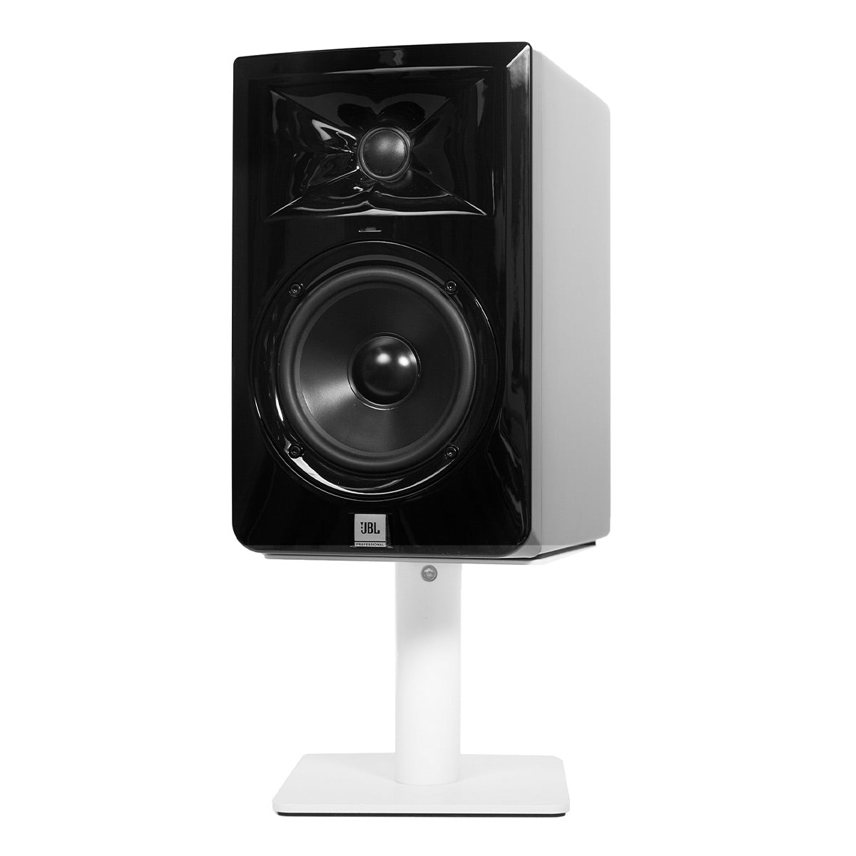 White desktop speaker stands with rotating top plates and cable management
