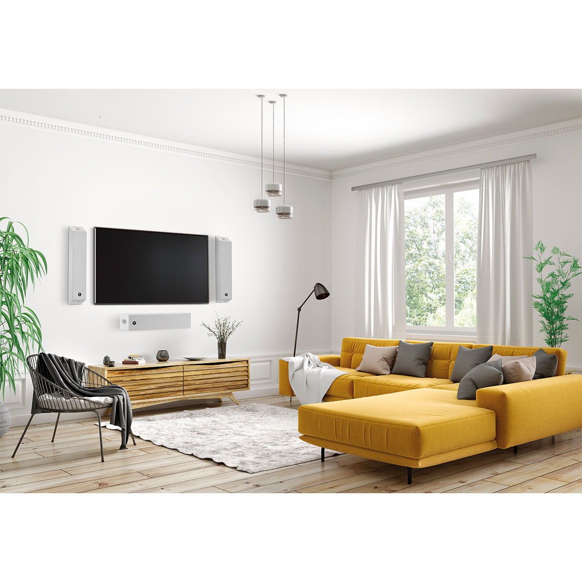 White high-gloss on-wall speaker with bass-reflex port and 2-way driver design