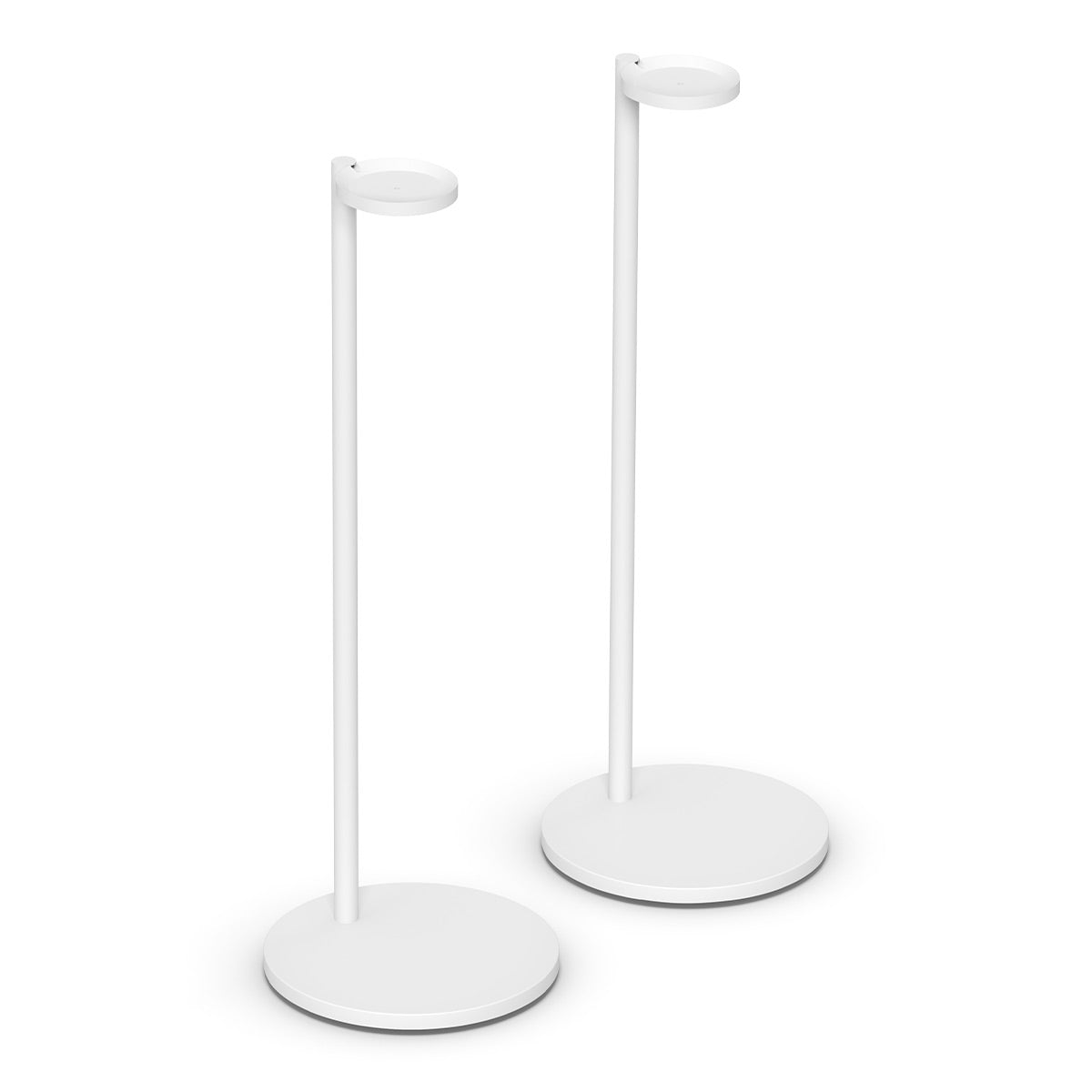 Pair of white floor stands with circular bases and top mounting plates