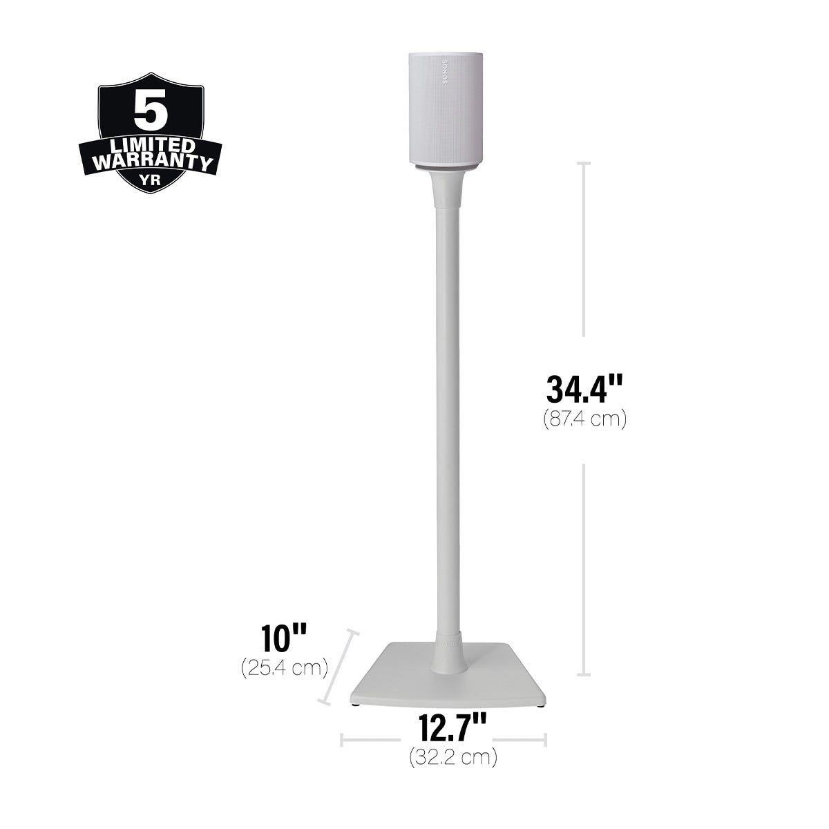 White fixed-height speaker stand with a cylindrical pole and a square weighted base