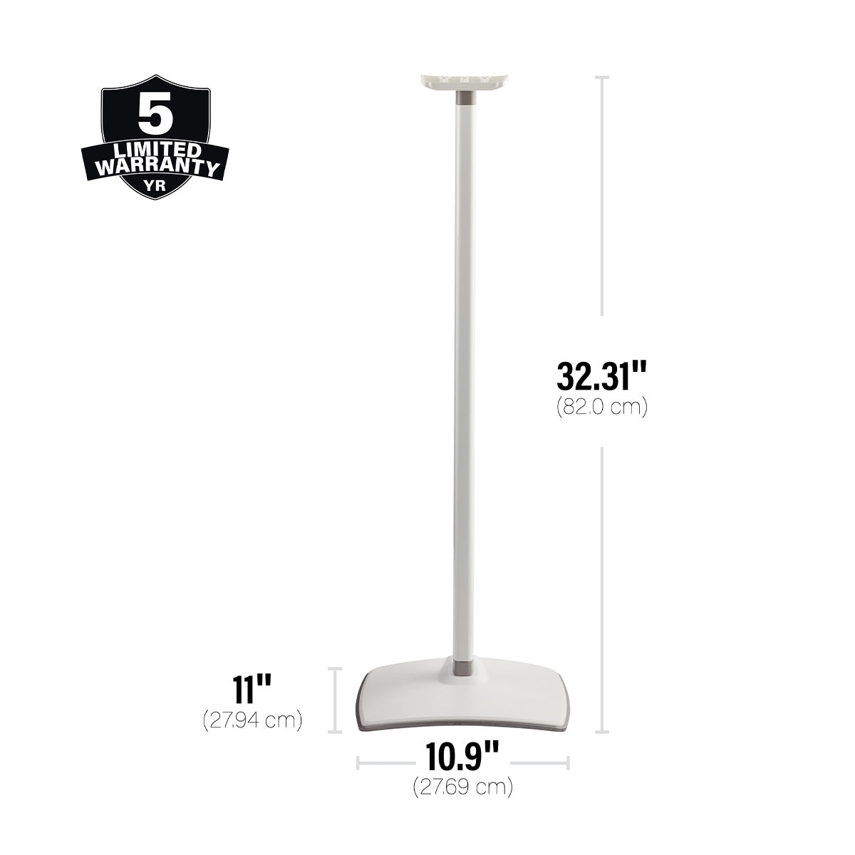White fixed-height speaker stand with a slim vertical pole and a wide weighted base