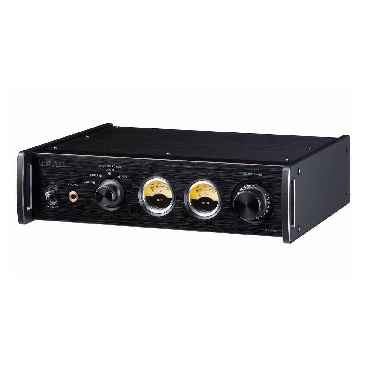Black stereo integrated amplifier with dual VU meters and brushed metal faceplate