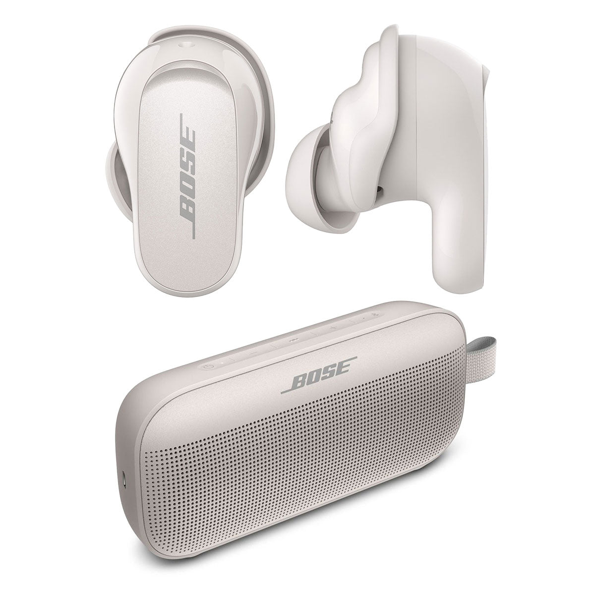 Bose QuietComfort Earbuds II True Wireless with Personalized Noise  Cancellation (Soapstone) and Bose SoundLink Flex Bluetooth Portable Speaker  (White Smoke)