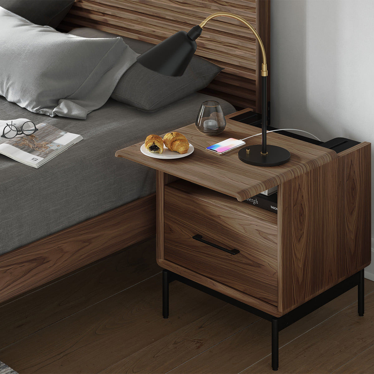 BDI LINQ 9181 22” Nightstand with Top Slide and Integrated Power Station (Natural Walnut)