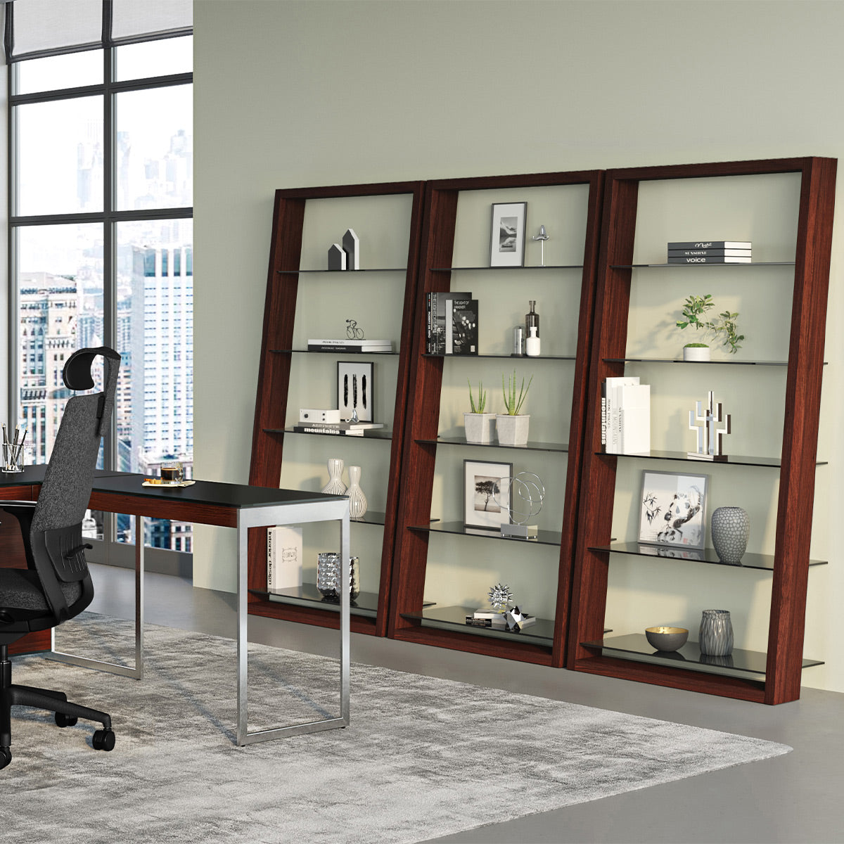BDI Eileen 2.0 5166 Leaning Shelf with Grey-Tinted Glass Shelves (Chocolate Stained Walnut)