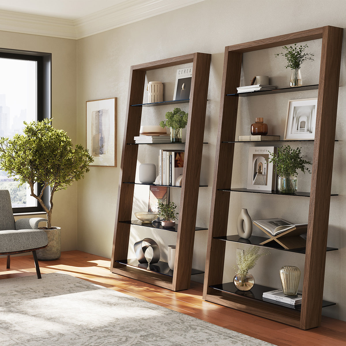 BDI Eileen 2.0 5166 Leaning Shelf with Grey-Tinted Glass Shelves (Natural Walnut)