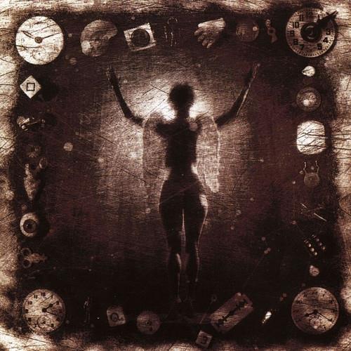 Silhouette of a winged figure with raised arms surrounded by clocks and gears
