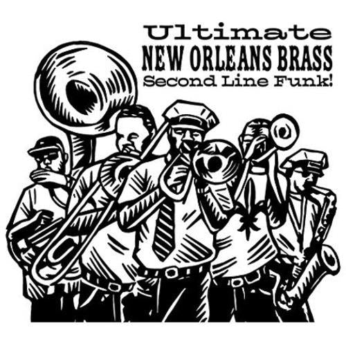 Black and white illustration of a brass band playing tuba, trumpet, and saxophone