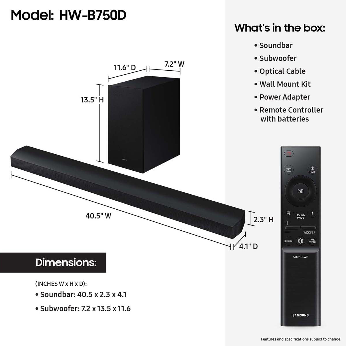 Samsung HW-B750D 5.1-Channel Soundbar with Wireless Subwoofer (Black)