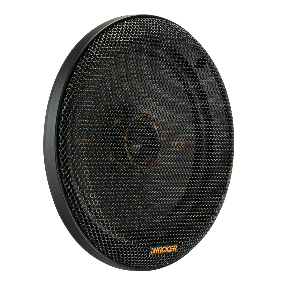 Black coaxial car speaker with a honeycomb mesh grille and orange accent stitching