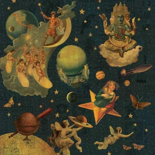 Collage of celestial figures, planets, and mythological beings against a starry dark blue background