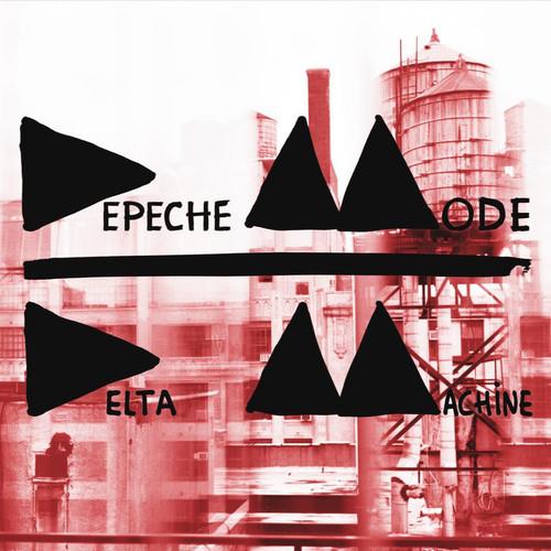 Red and white album cover featuring industrial structures with bold black geometric shapes and text