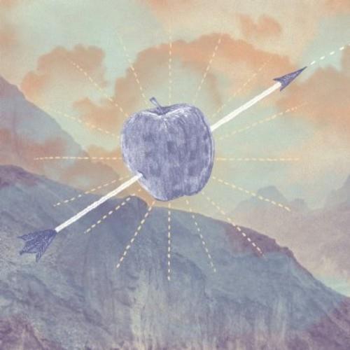 Illustrated album cover featuring a purple apple pierced by an arrow against a mountain landscape