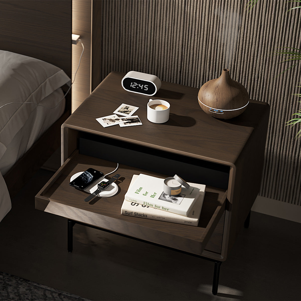 BDI LINQ 9182 28” Nightstand with Sliding Shelves and Integrated Power Station (Toasted Oak)