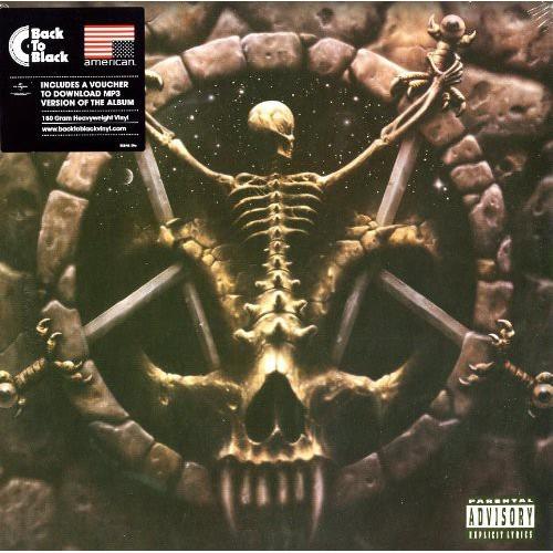Skeleton figure within a pentagram on a dark, textured album cover