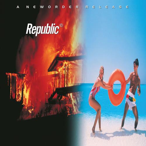 Vinyl LP cover featuring a split image of a burning building and a couple on a beach with an orange
