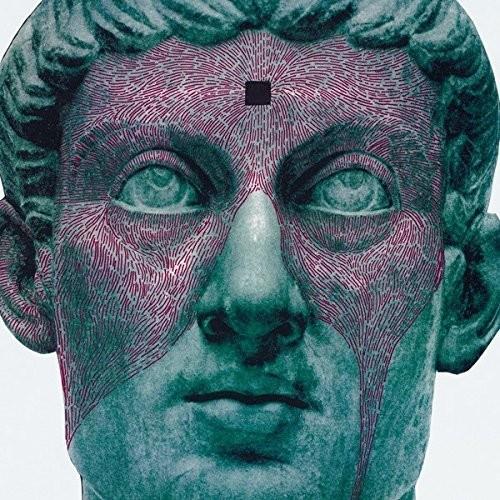 Teal and purple illustrated face with intricate line patterns and a small black square on the forehe