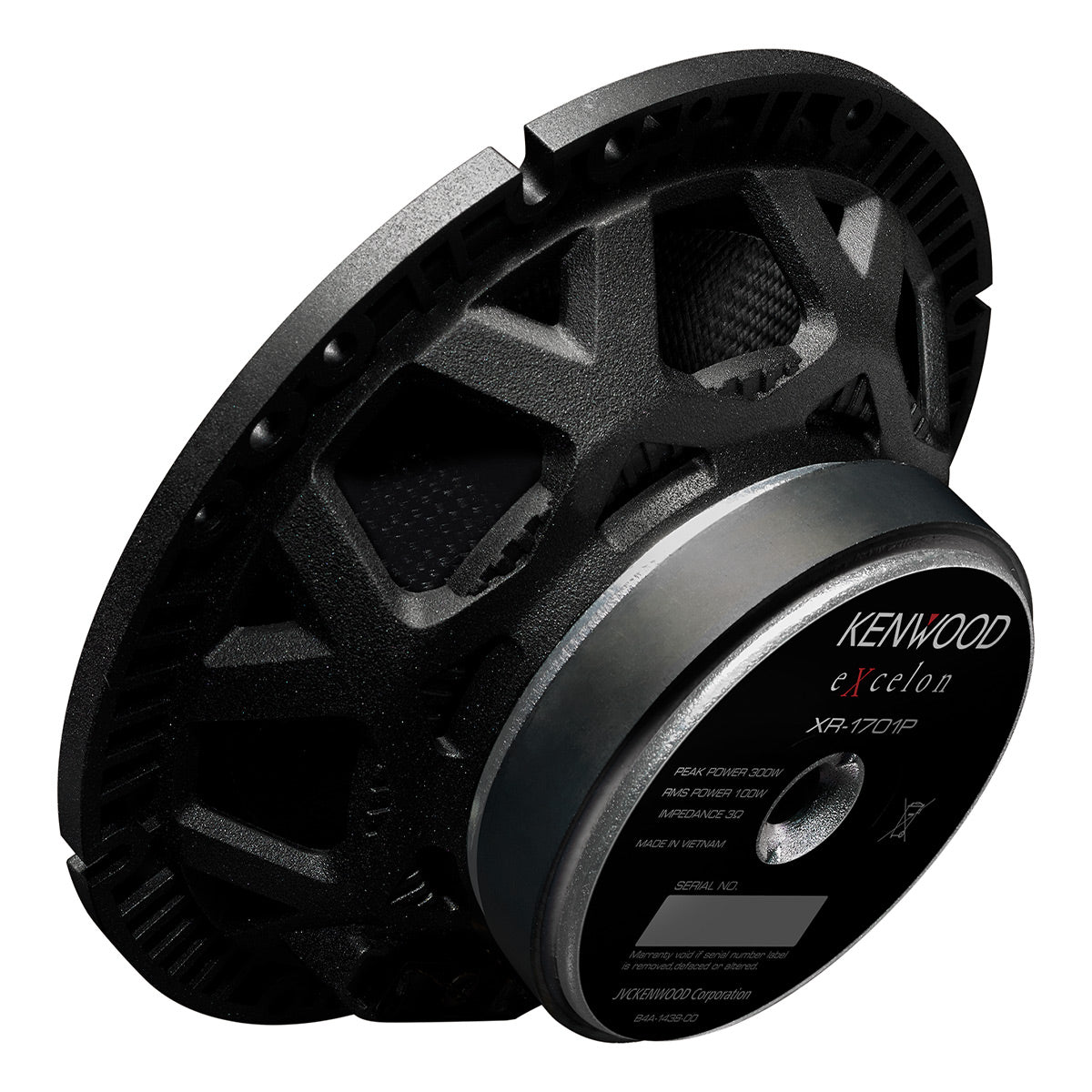 Black car audio woofer with a textured basket and a large rear magnet