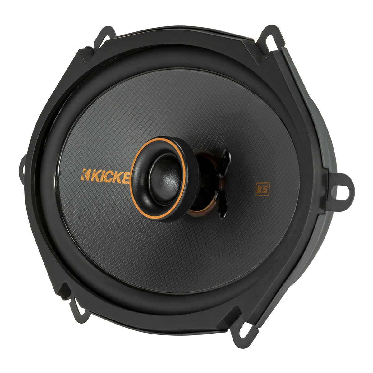 Black coaxial car speaker with a textured cone and orange-accented tweeter