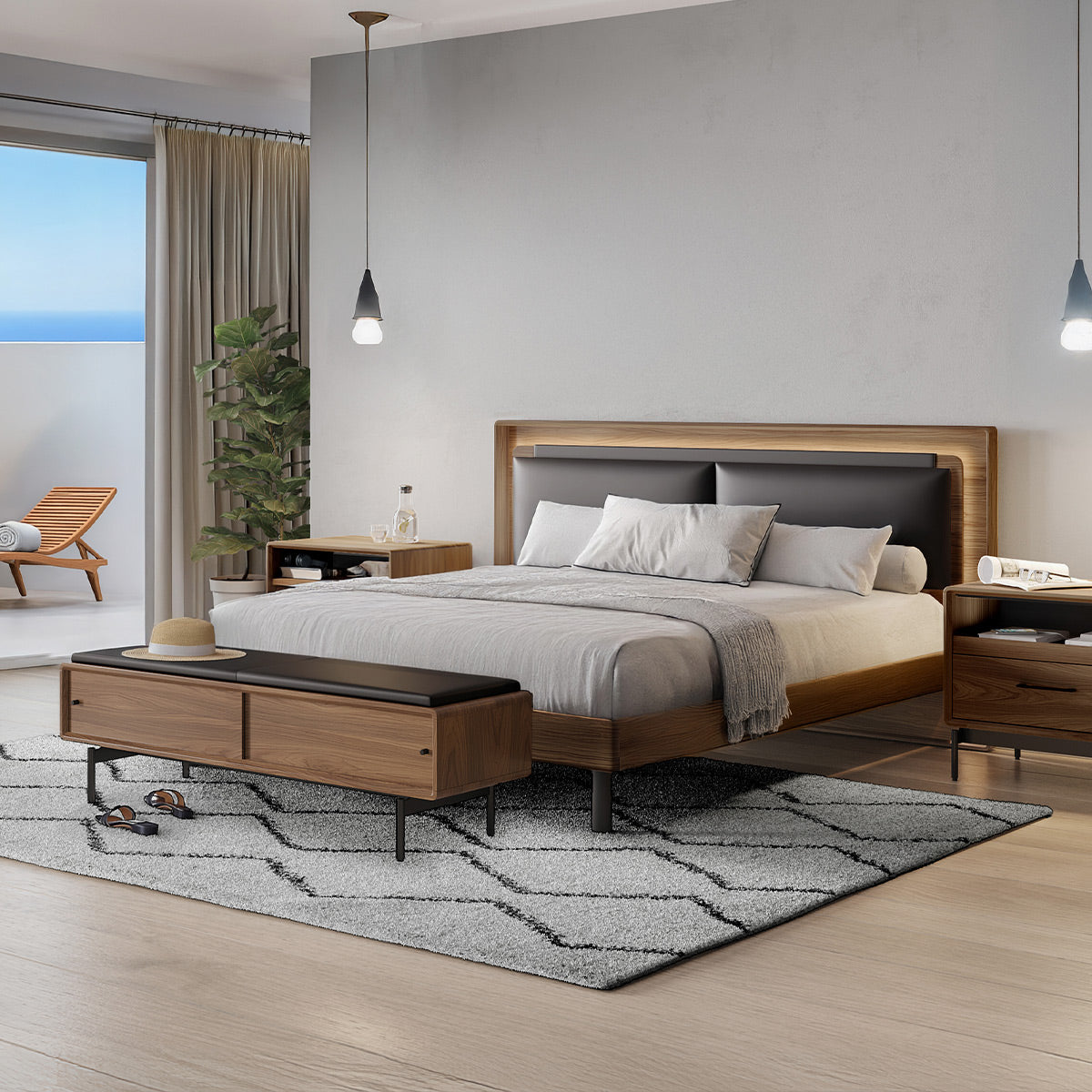 BDI LINQ Bench 9102 with Leather Cushion (Natural Walnut with Pepper Leather)