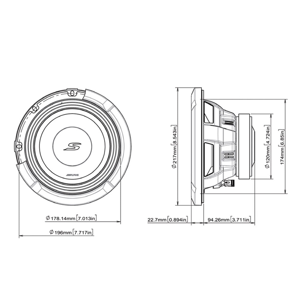 Alpine S2-W8D4 S-Series 8" 4-Ohm Subwoofer - Each