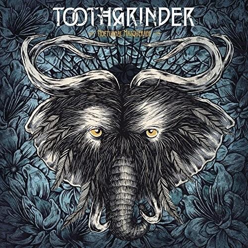 Illustrated elephant skull with large curved tusks and yellow eyes surrounded by blue floral pattern