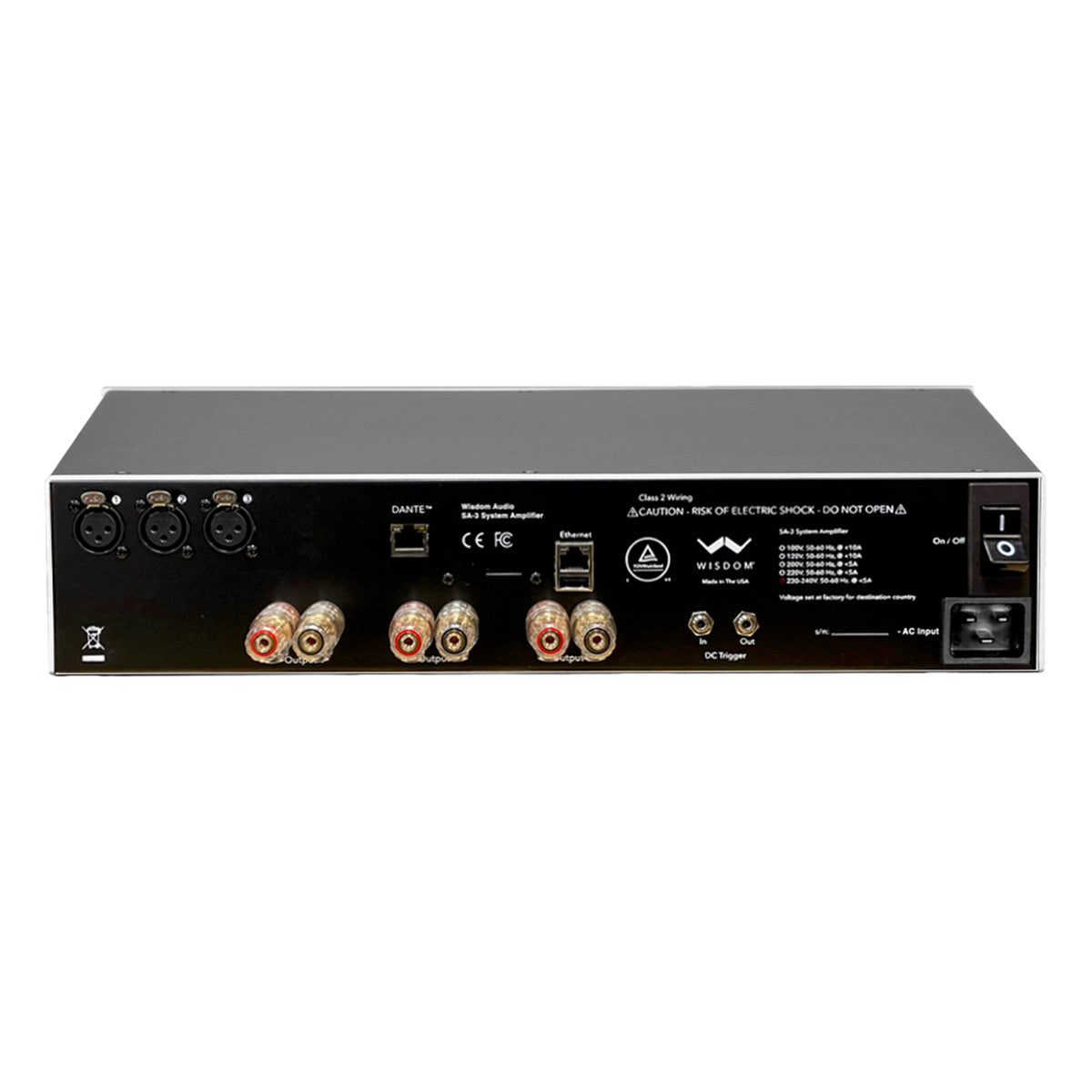 Black rack-mount power amplifier rear panel with XLR inputs, gold-plated speaker binding posts, and