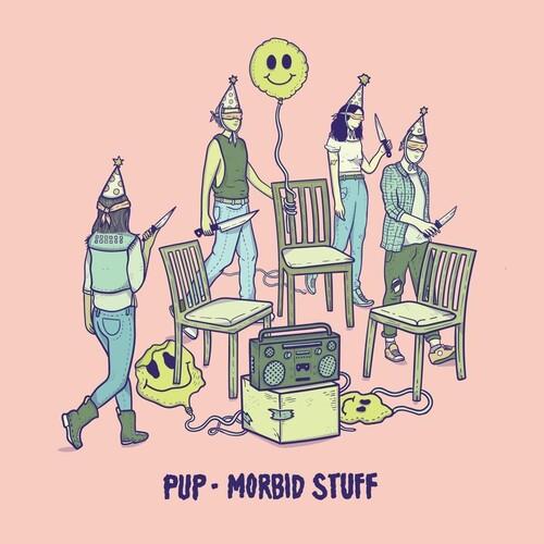 Illustrated album cover showing four figures in party hats holding knives around chairs and a boombo