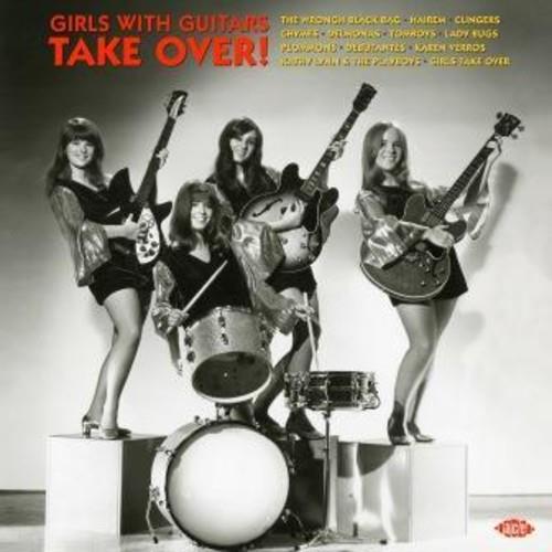 Black and white album cover featuring four women holding guitars and drums