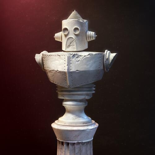 White stone robot bust with a cylindrical head and riveted chest plate on a classical pedestal
