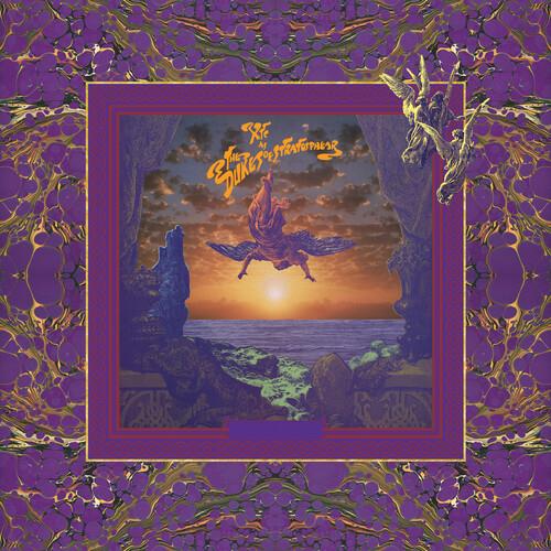 Purple vinyl LP sleeve with psychedelic artwork of a winged figure flying over a sunset ocean