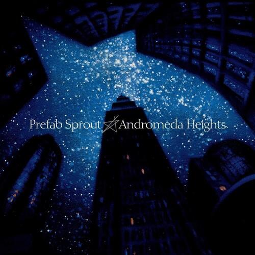 Dark blue album cover featuring a starry night sky viewed between silhouetted skyscrapers