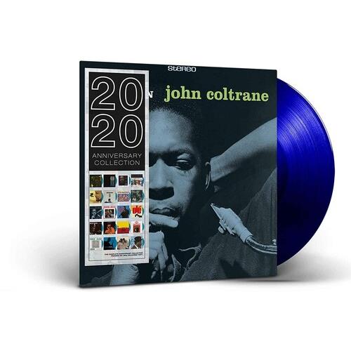Blue translucent vinyl record partially removed from a black album sleeve featuring a portrait and a