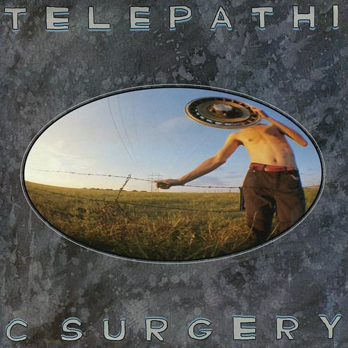 Oval album cover art showing a shirtless man holding a flying saucer over his head in a field